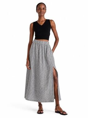 Quince Black White Gingham European 0067 Linen Maxi Skirt Side Slit XS SIDE SLIT